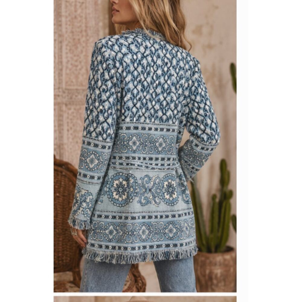 ST JOHN Blue Boho Cardigan Weater Paisley size Medium - Picture 2 of 8